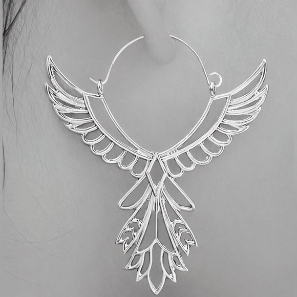 Free People Jewelry - “Thunderbird” Phoenix Silver Guardian Angel Festival Native American Wing Hoops